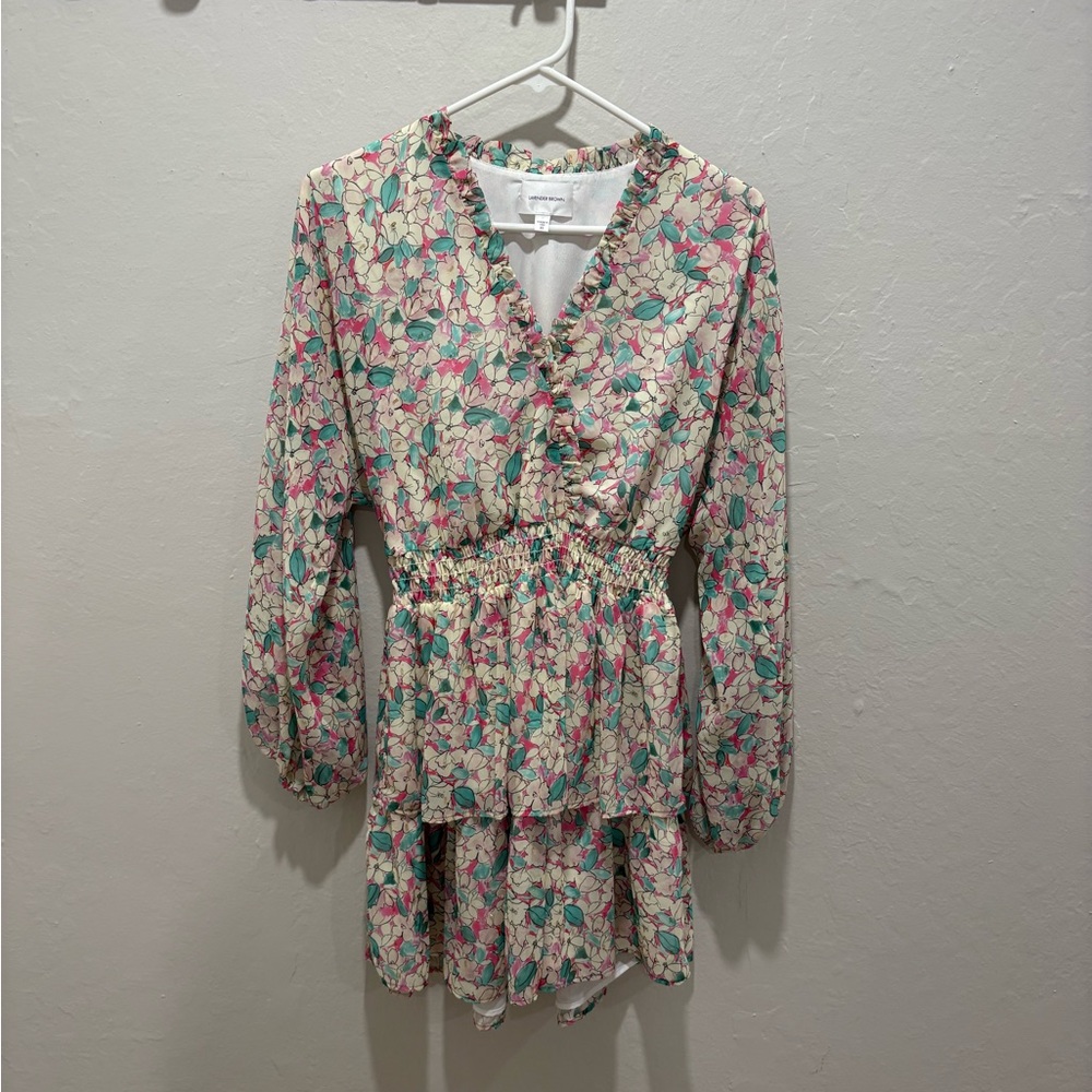 Lavender Brown Floral Mini Ruffle Dress